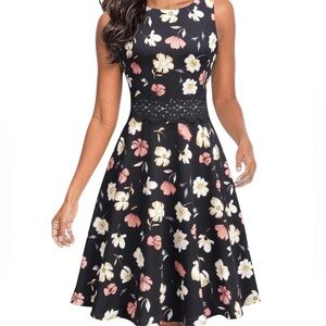 OWIN Vintage Inspired Floral Sleeveless A-Line Swing Casual Cocktail Dress